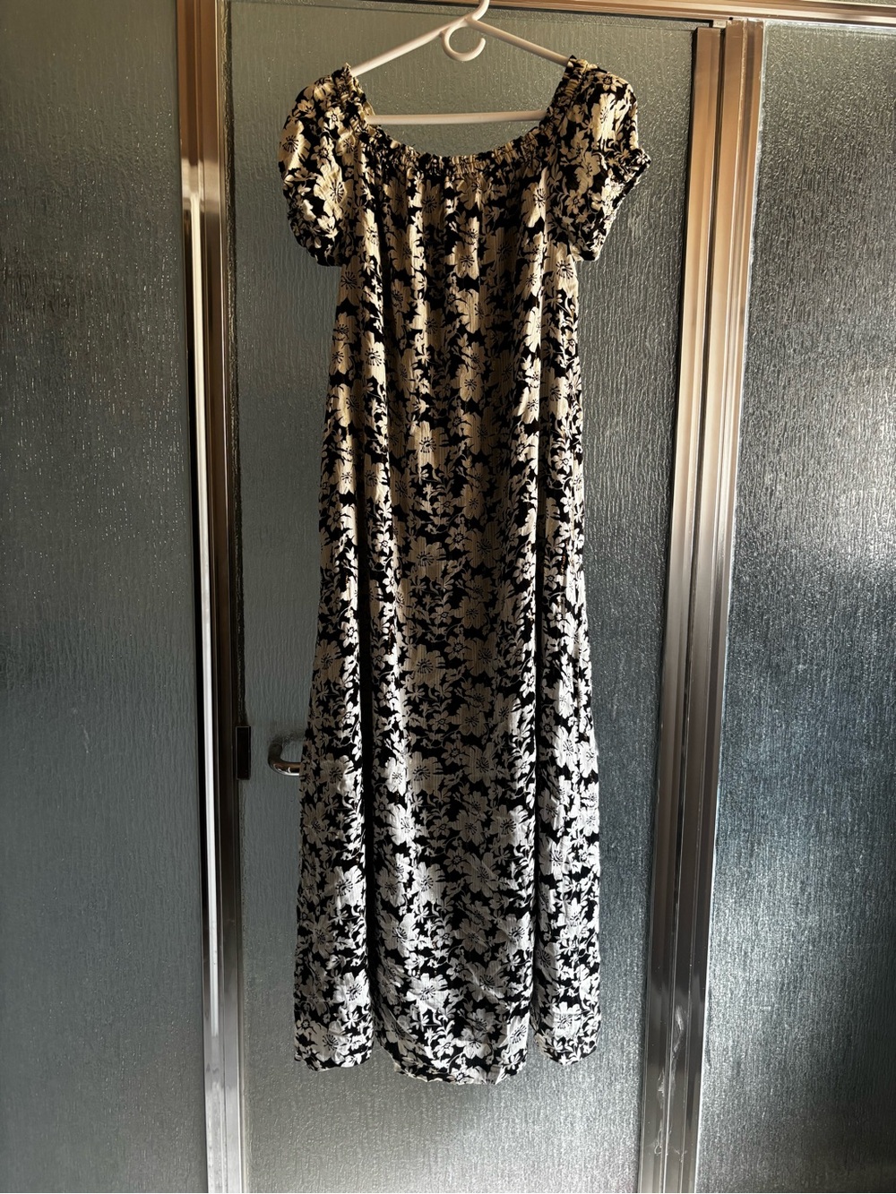 LOFT Black and Cream Floral Off-Shoulder Dress with Gold Accents